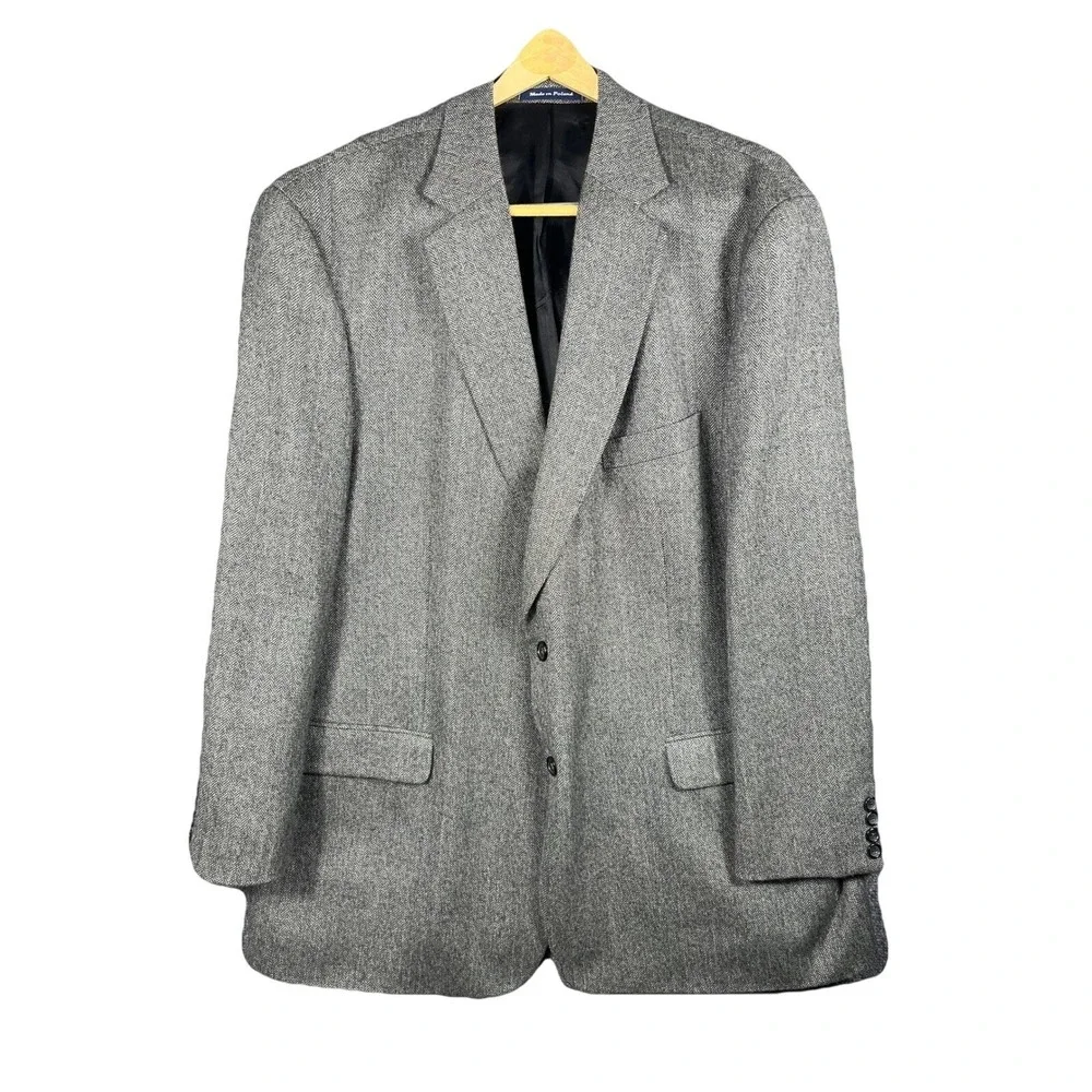 Alan Flusser Men's Grey Herringbone 100% Pure Lambswool Blazer Jacket Size 48L